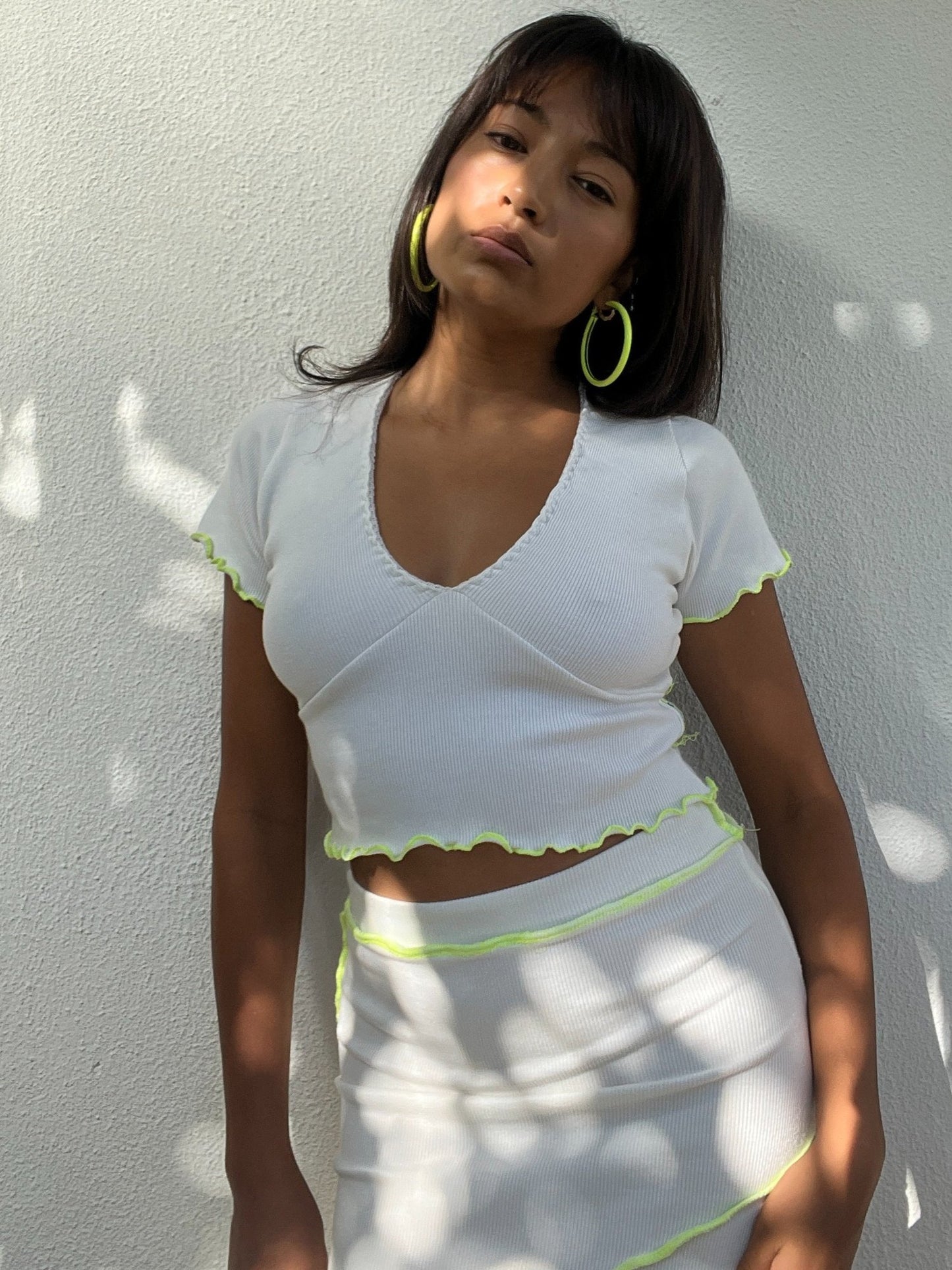 Annisa V neck Top in Ribbed Off White
