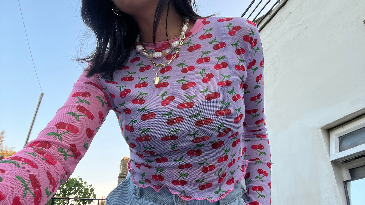 Sinta Long Sleeve Mesh Top - Cherries