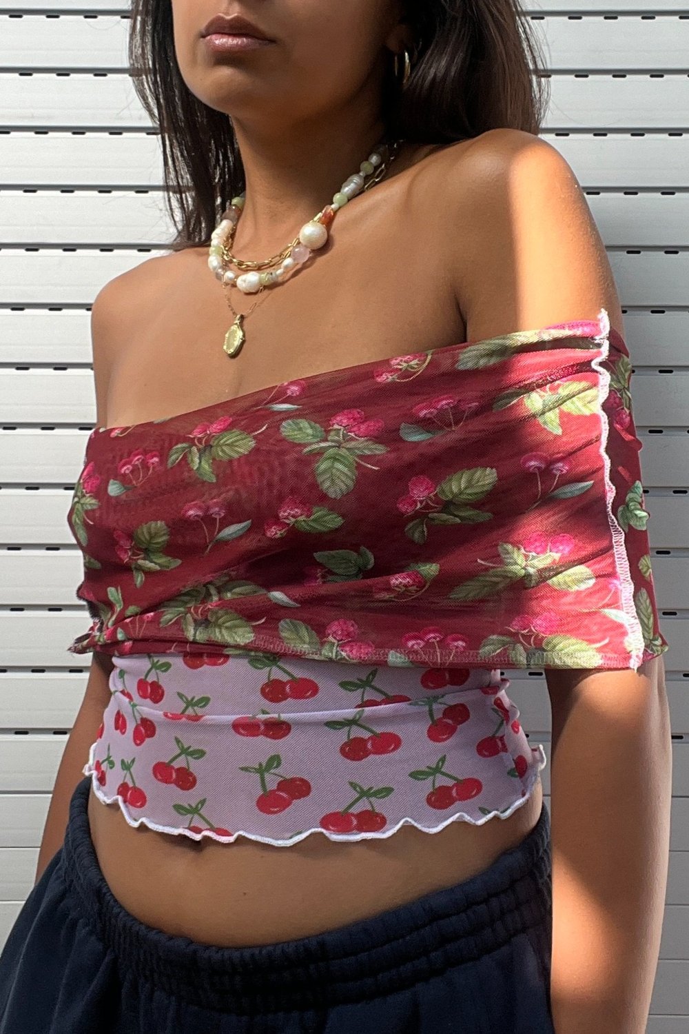 Amani Off Shoulder Mesh Top - Cherry