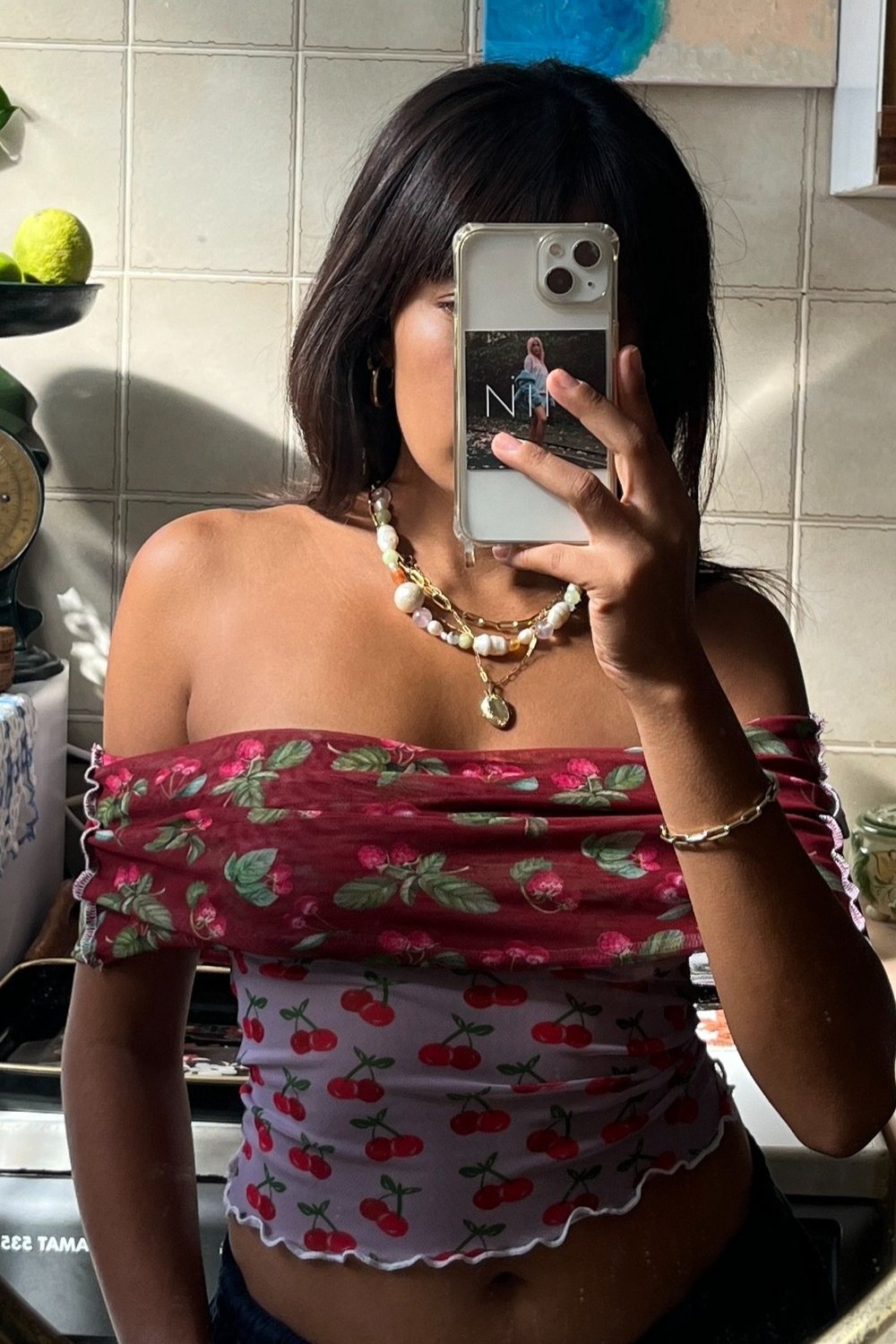 Amani Off Shoulder Mesh Top - Cherry