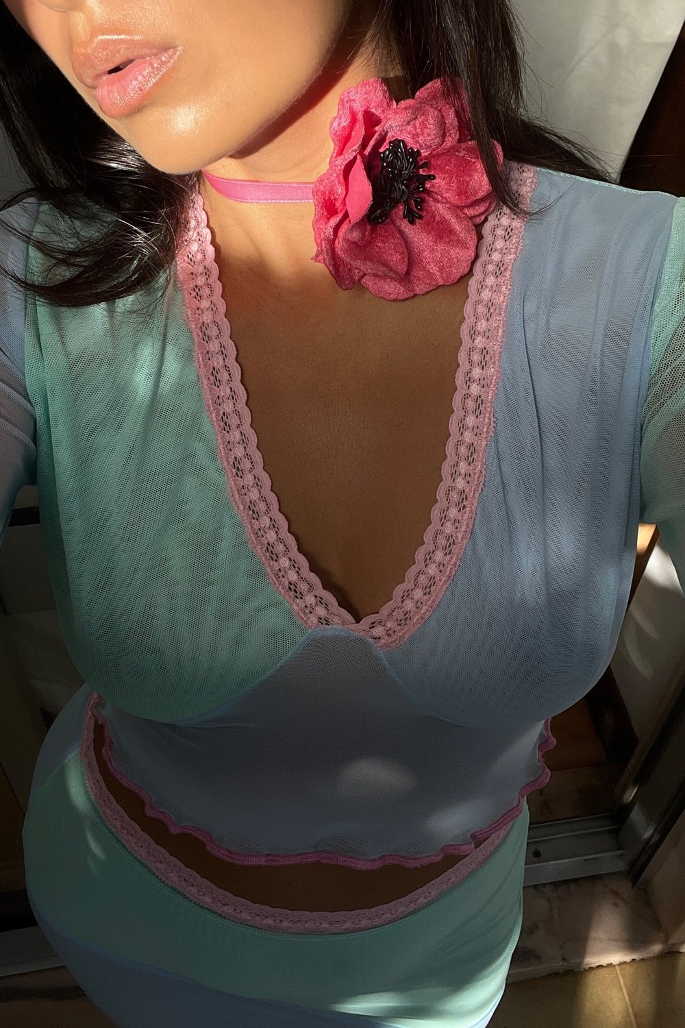 Annisa V neck Mesh Top in Pastel